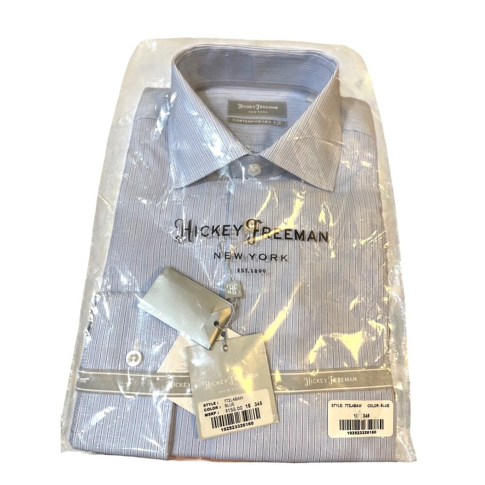 Hickey Freeman Men's Contemporary Fit Luxury Dress Shirt Light Blue Stripe